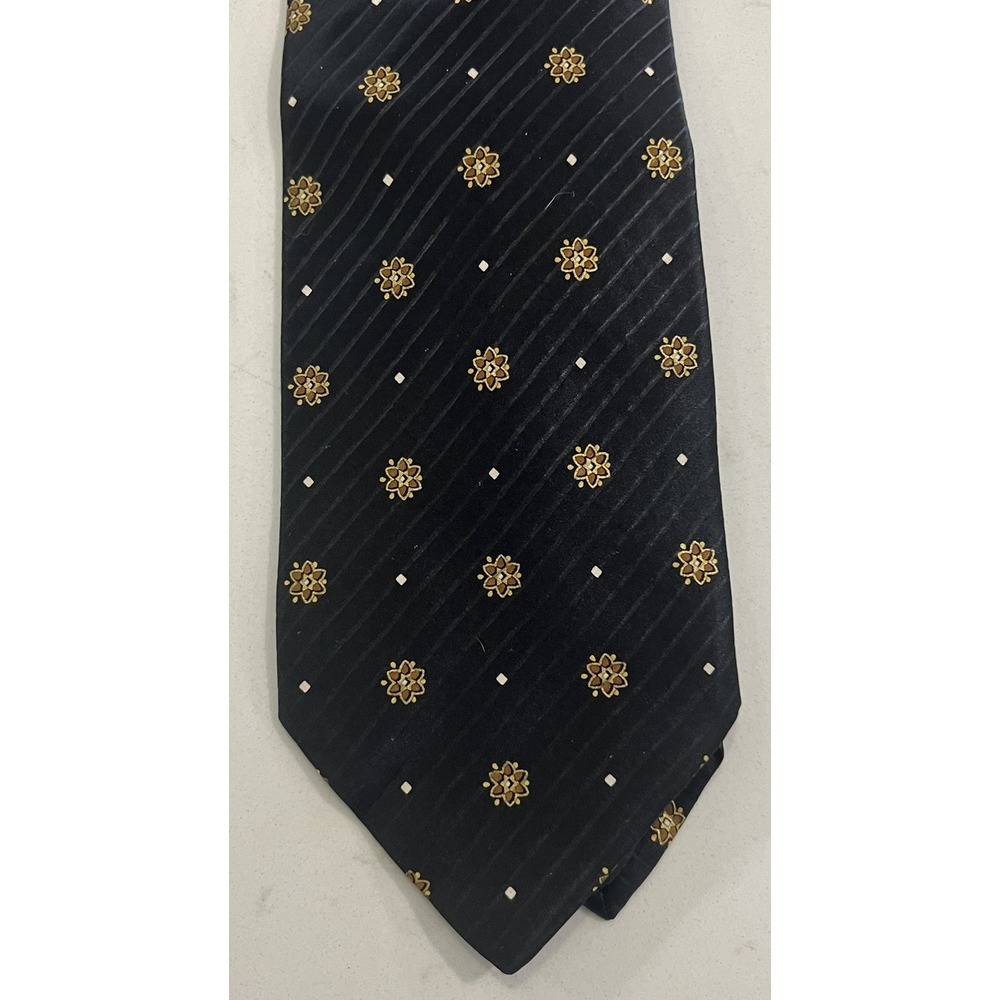 Brioni Black Silk Tie with Gold Floral Motif